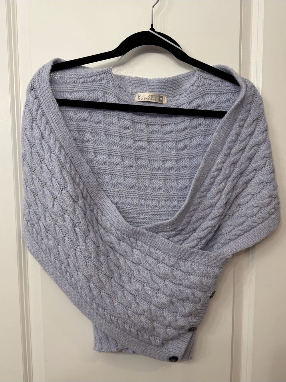 Wool/ Cashmere Blend Cable Knit Button-Trim Crossover Wrap in Pale Blue